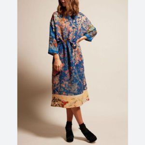 Anntian Simple Dress Print D Blue Floral Silk Blend Brocade Midi One Size